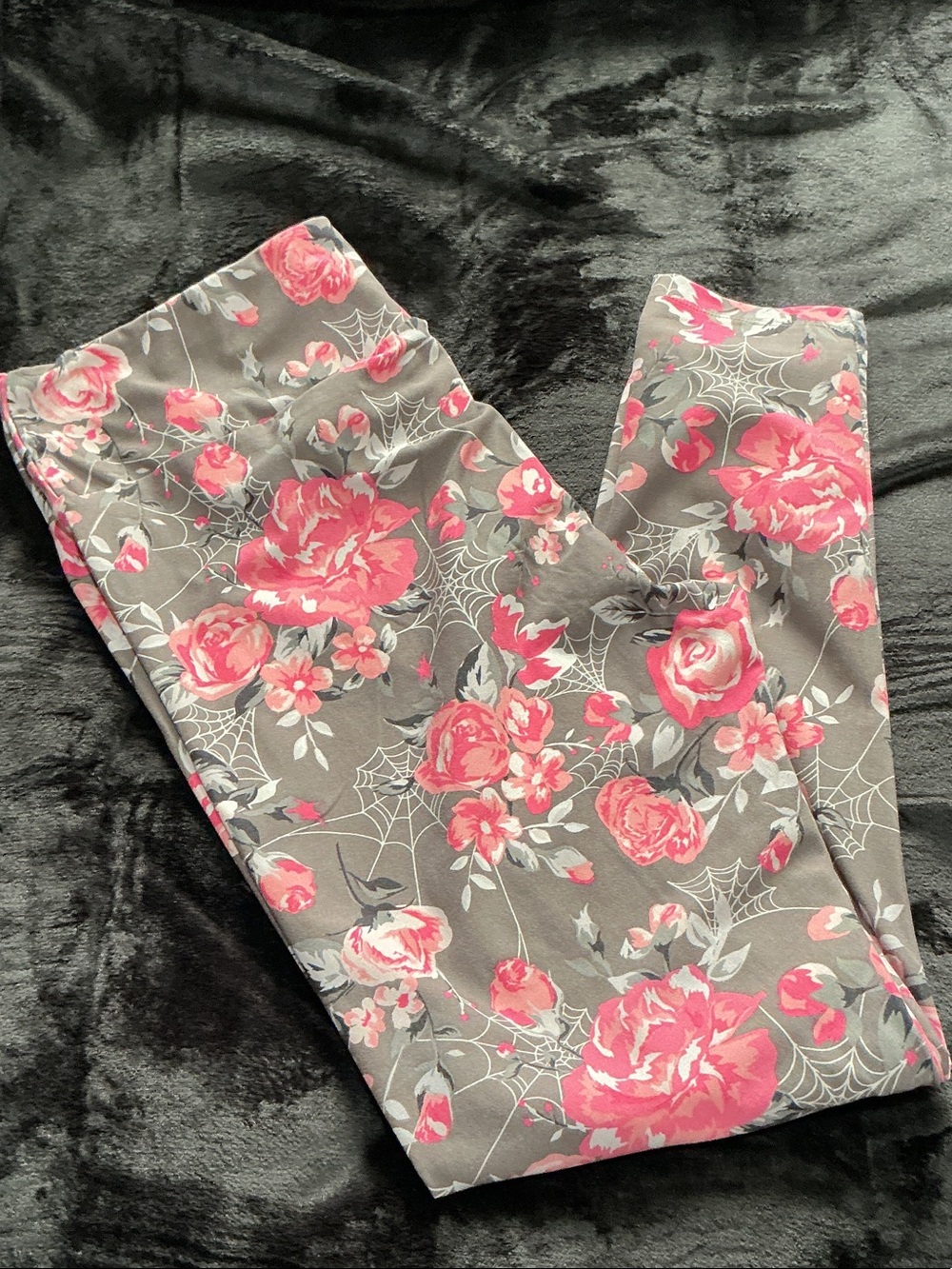 LuLaRoe Gray Leggings with Pink Rose & White Spiderweb Print